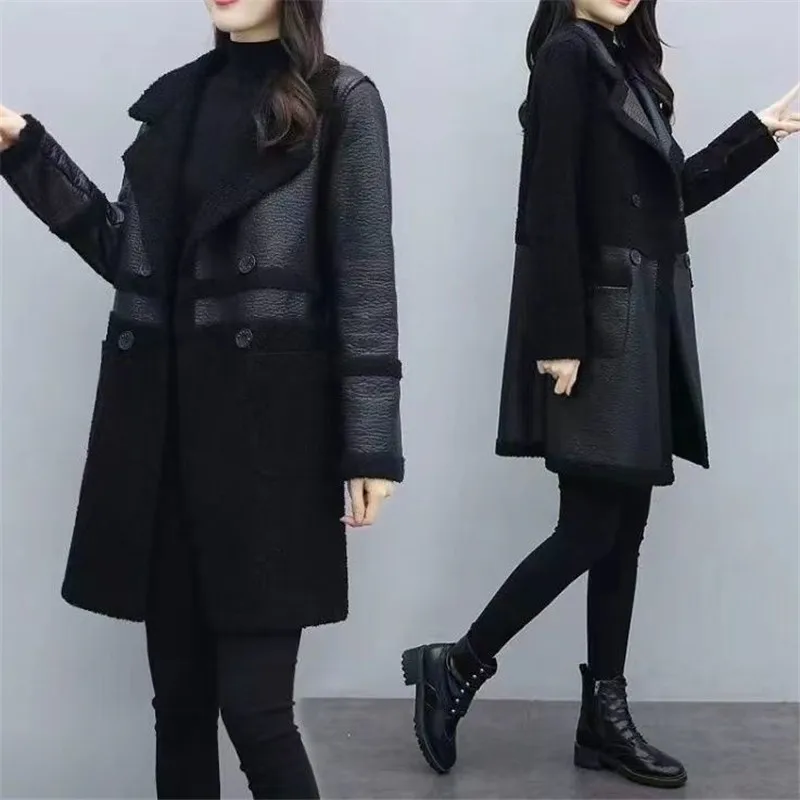 6xl große Winter Kunstleder Mantel Frauen verdicken warme zweiseitige Kleidung Patchwork Pu Lederjacke weibliche lange Oberbekleidung w995