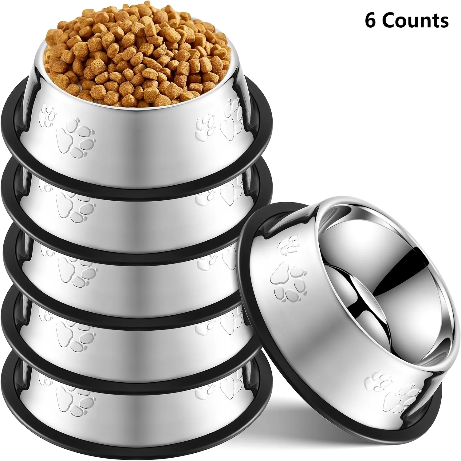 6Pcs Stainless Steel Dog Cat Bowls Non‑Slip Rubber Base Paw Print Pet Food Water Bowls for Small Medium Pets Durable Pet Supplie