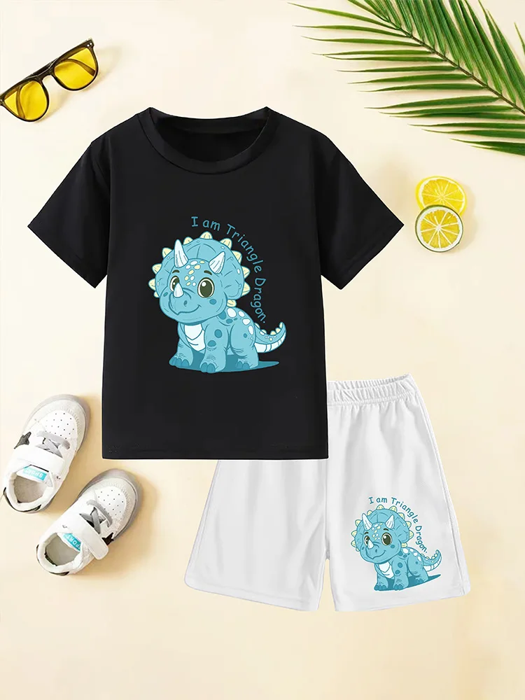 2PCS Fashion Boy Dinosaur T-shirt Top with Short Pants Summer Casual Clothing for Boys Short Sleeved Baby T Shirt Kids 80-120cm