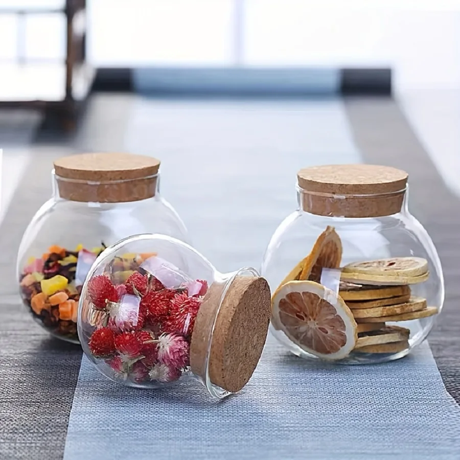 1pc Storage Container, 500ml Round Glass Storage Jar With Sustainable Cork Lid, For Coffee,Tea,Spices ,Kitchen Organizers