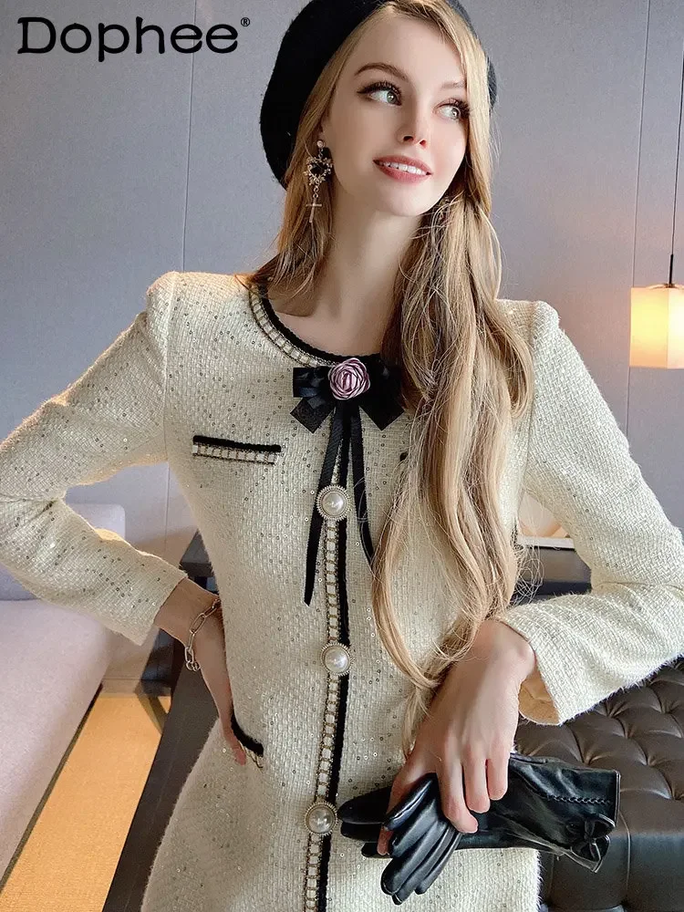 

Heavy Embroidery Sequined Bodycon Tweed Dress Women's 2023 Spring New Round Neck Long Sleeve Sweet Flowers Decorative Mini Dress