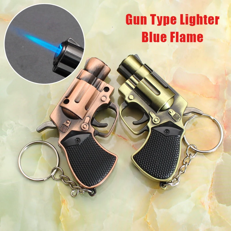 

Creative Shape Straight Gun Type Lighter Metal Keychain Gas Windproof Pistol Cigarette Lighters & Smoking Accessories Blue Flame