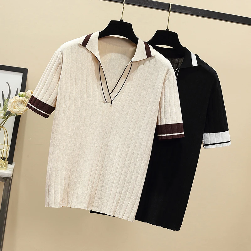 Summer Knitted Sweater Tshirt Women Casual Fashion Basic Split Tees Tops Short Sleeve Polo Collar Ladies Knitwear Jumpers