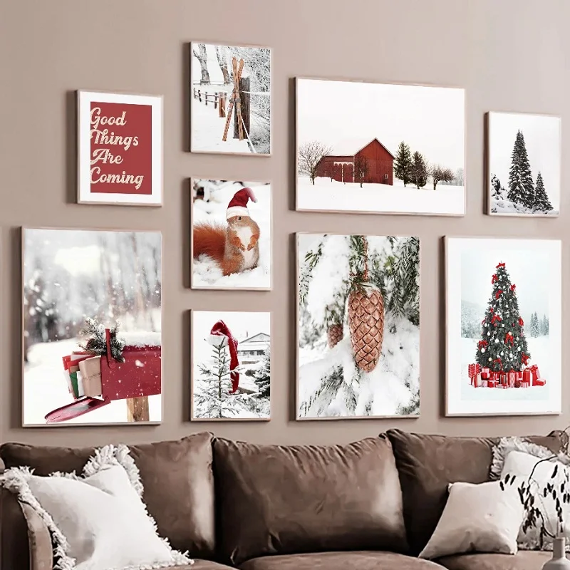 Landscape Canvas Painting Nordic Art Snow Christmas Hat Pine Tree Poster Home Living Room Wall Christmas Decoration Picture