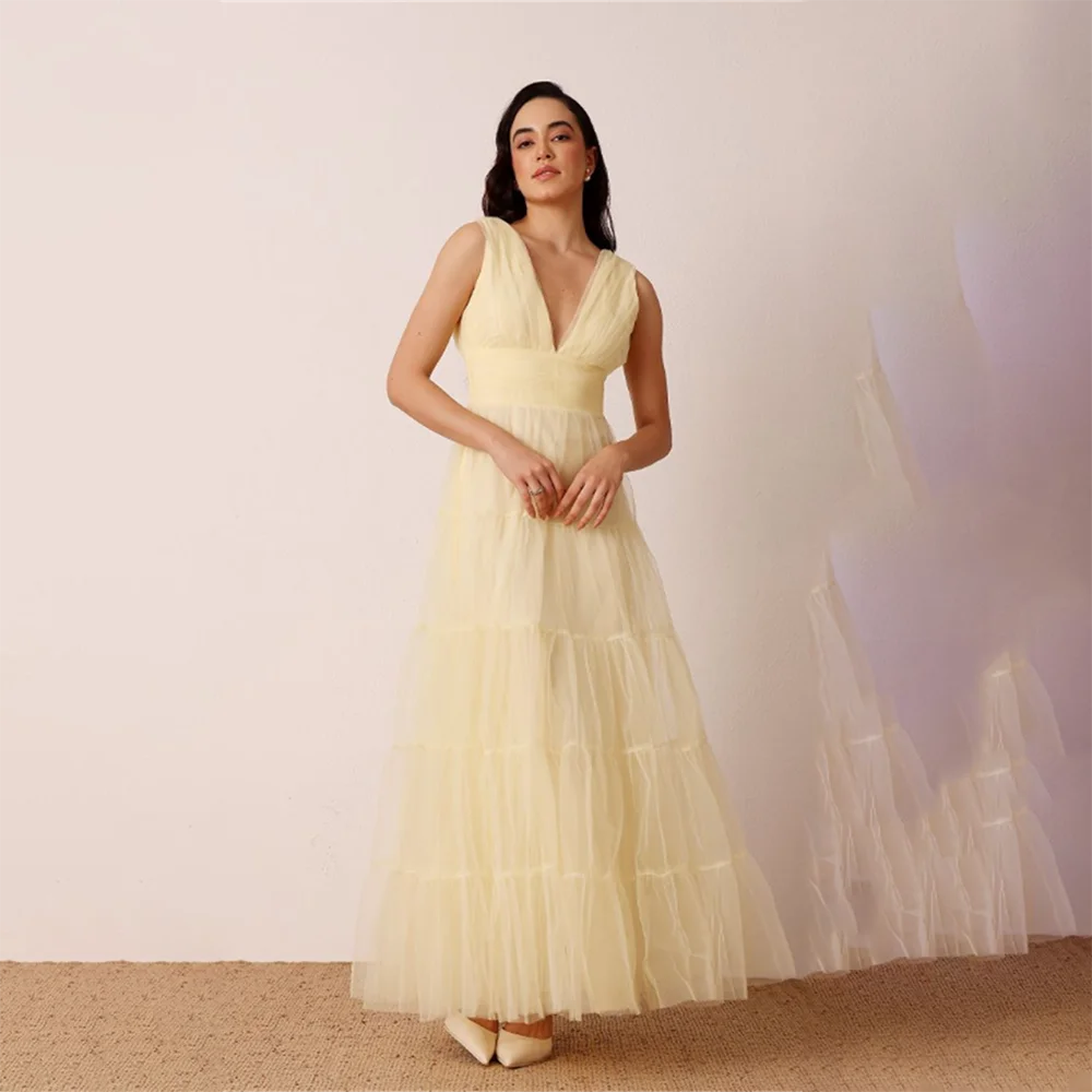 فساتين سهرة نسائية برقبة على شكل V بدون أكمام من التل على شكل حرف A فساتين لحضور الحفلات الموسيقية فساتين حفلات الكوكتيل الرسمية