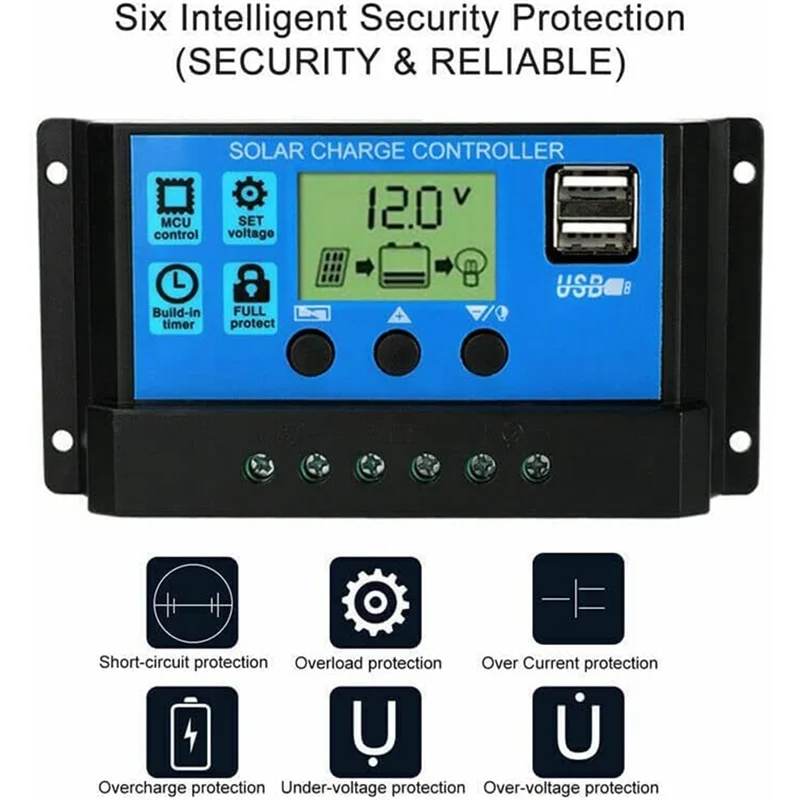 Controlador de carga da bateria do painel solar, regulador inteligente com porta usb dupla, controlador multifuncional, 100A