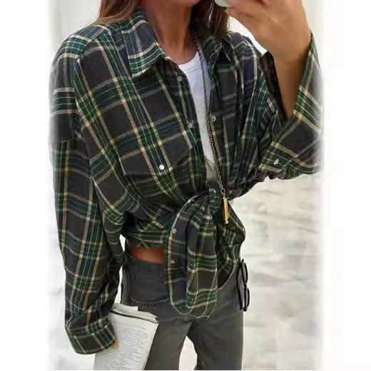 Camisa xadrez de manga longa feminina com bolso, top justo, lapela versátil, solta, estilo retrô, moda, outono e inverno