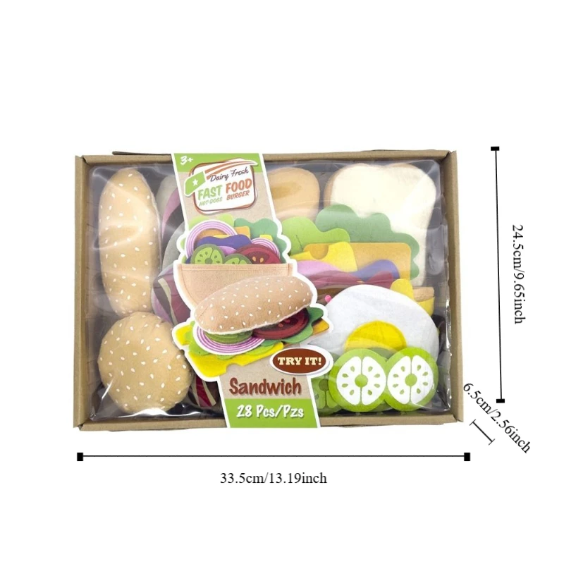 Un conjunto de Material de felpa, juego de comida de fieltro, almacenamiento portátil, juego interactivo para niños, comida creativa, sándwich de hamburguesa, juguete, juego para niños