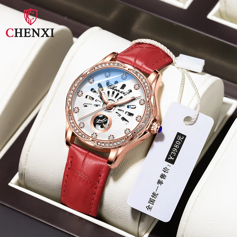 Fashion Chenxi Top Brand Luxury Women Watch Skeleton Automatic Mechanical Wristwatch Yellow Genuine Leather Strap Ladies Watches