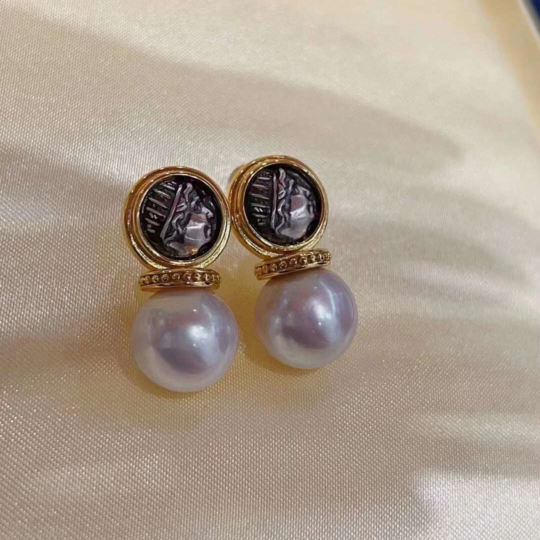 N S925 Pure Silver Earrings Vintage Coins Earrings 10-11mm Natural Fresh Water Pearl Earrings Are Temperament Beauty