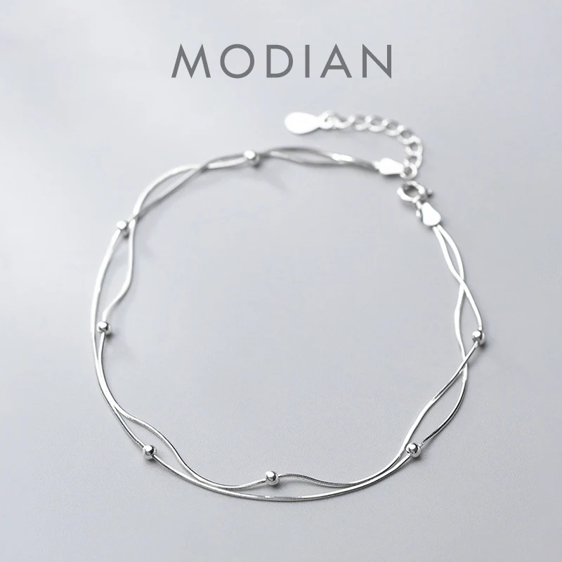 Modian High Quality Double Layer Snake Chain Anklet for Women Girl With Heart Lobster Clasp Fit Beads Charm Anklet Fine Jewelry