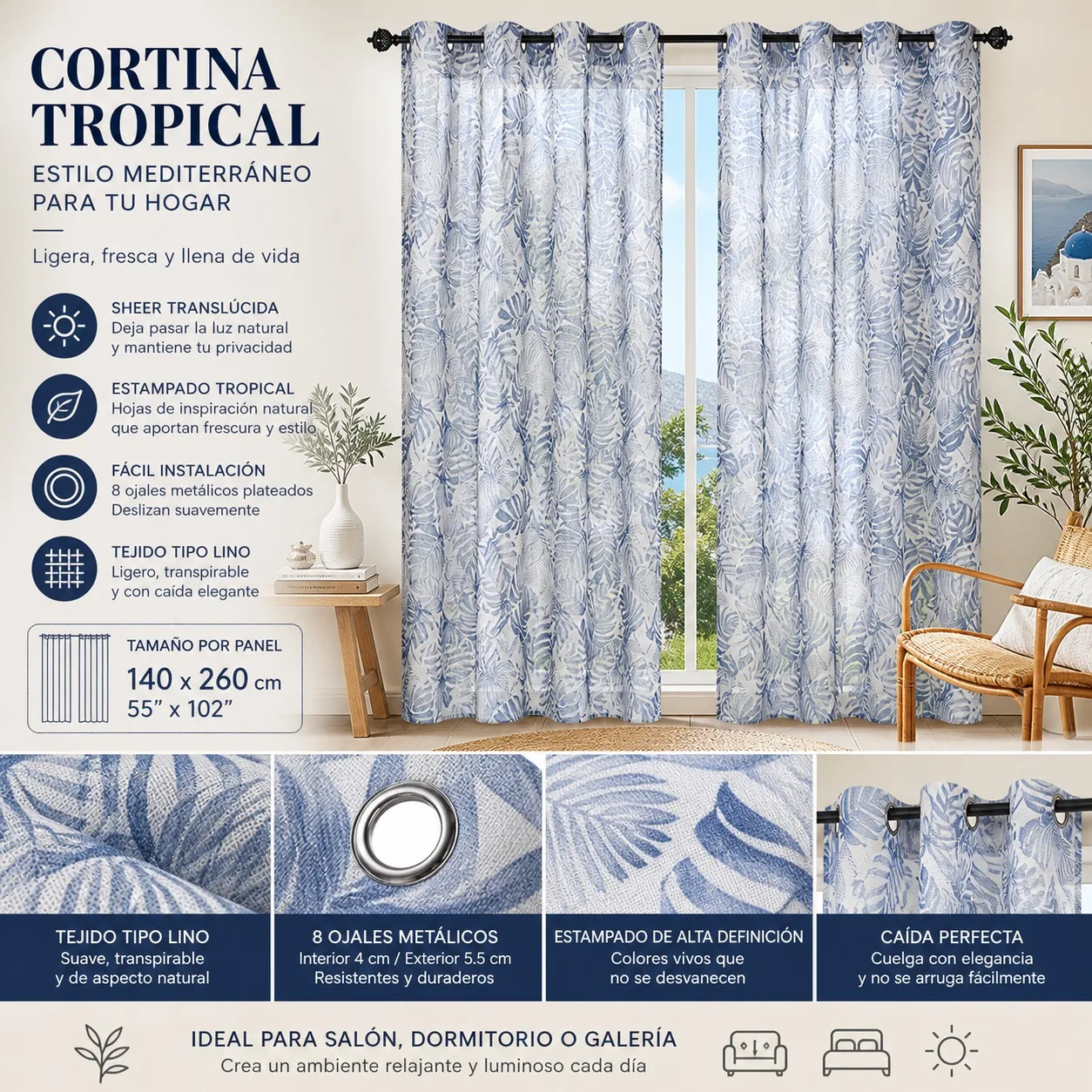 Rideau en lin tropical 140x260cm avec imprimé feuilles, rideau semi-transparent avec 8 œillets métalliques pour salon et chambre, style méditerranéen élégant et respirant