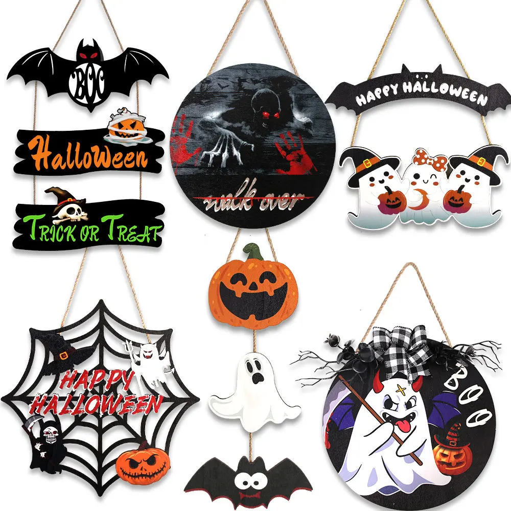 

Halloween Party Hanging Decorations Outdoor Indoor Wooden Pendant Ghost Bat Spider Web For Home Door Hanging Decor