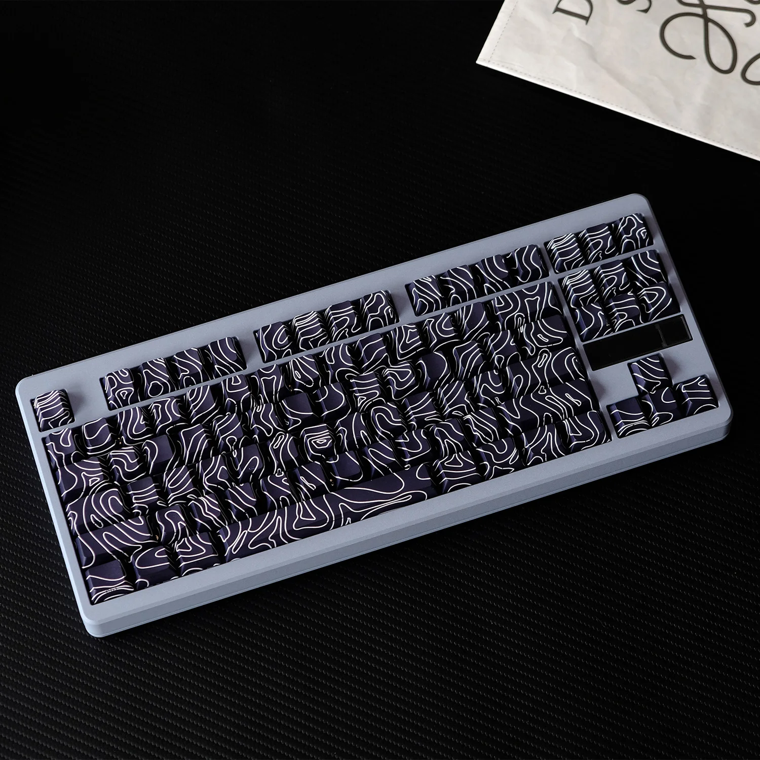135 Keys Black Pattern Theme PBT Double Shot Keycaps Side Print Shine Through Cherry Profile Keycap for ISO Mechanical Keyboard