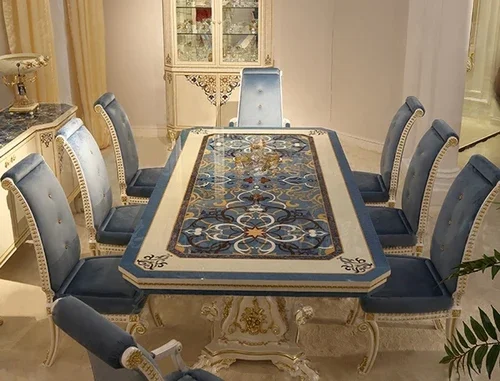 

Retro blue veneer collage shell 2.5 meters luxury mansion carved dining tables and chairs