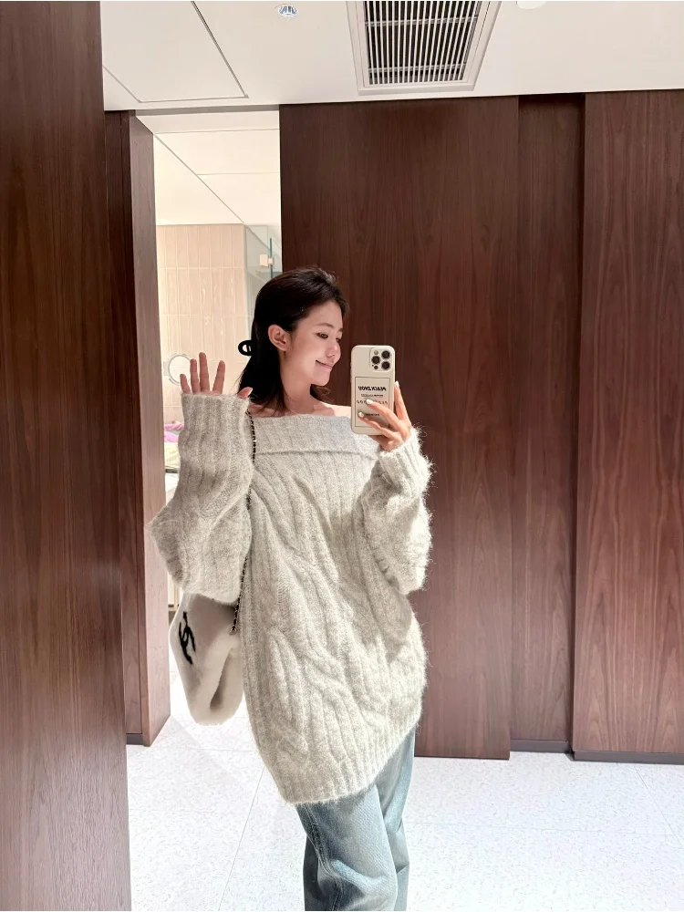 

PEACHZHOU Wool Blend Thick Needle Long Hair Twist One Shoulder Multi-Way Elegant Atmosphere Sweater Loose Fit Online Exclusive