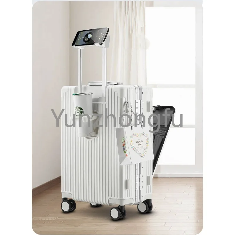 2023 New Design Multifunctional Front Open Luggage Lightweight Hard side Suitcase Travel  With USB Charger And Cup Holder