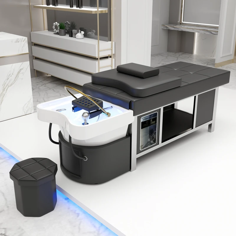 

Modern Barbershop Furniture Multifunction Head Therapy Spa Shampoo Chair Luxury Lay Down Thai Washing Bed with Steamer