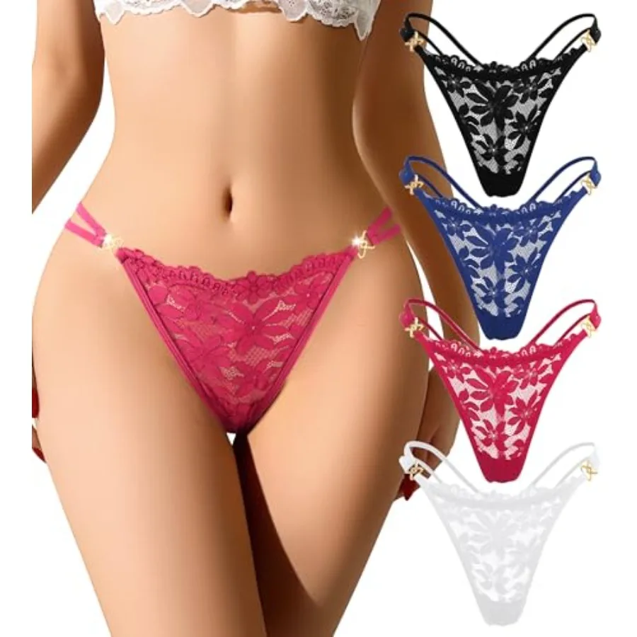 

G-String Thongs for Women Sexy Thongs Lace T Back Tangas Underwear Hollow Out Low Rise No Show Panties 4 Pack