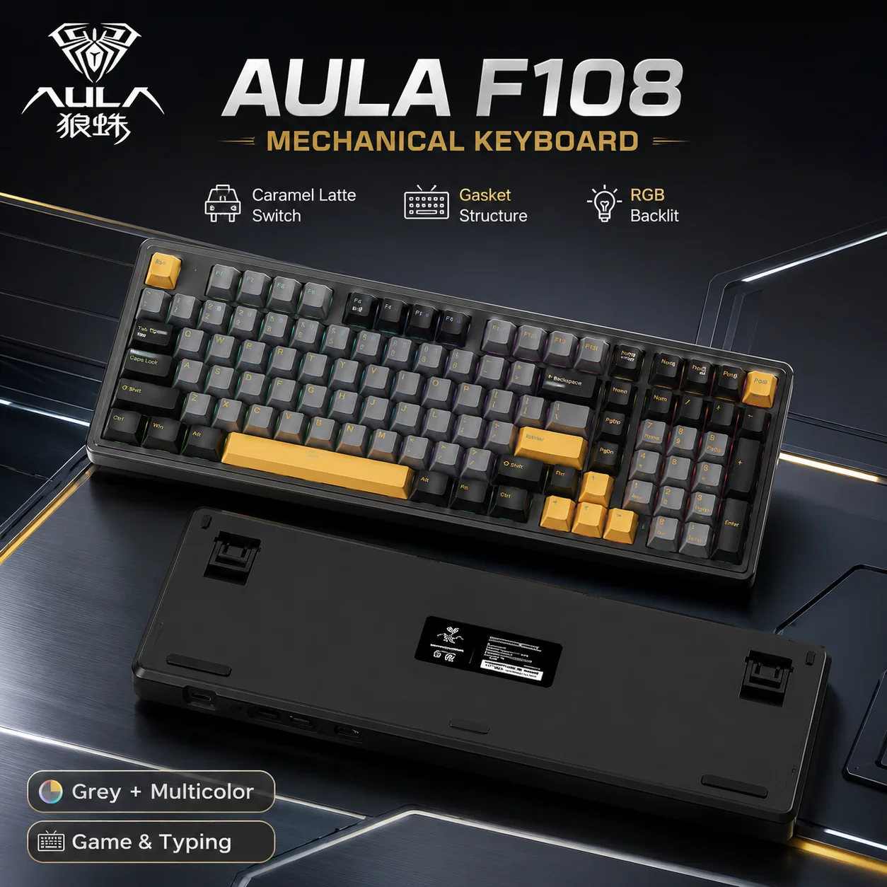 AULA F108 PRO Mechanical Keyboard 8000mAh Tri Mode Wireless Bluetooth RGB Gasket Smart Display Knob Hot Swappable Gamer Keyboard