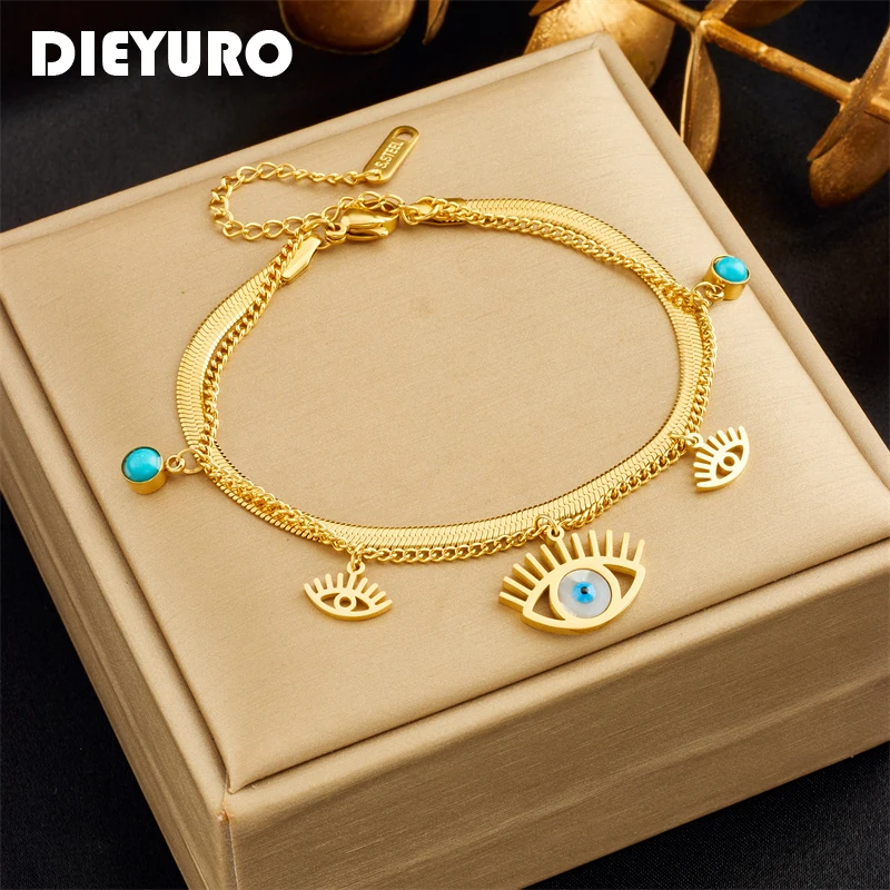 Dieyuro 316l Edelstahl 2-Farben mehr schicht ige Retro Augen Charm Armband für Frauen Mädchen neue wasserdichte Schmuck Geschenk party