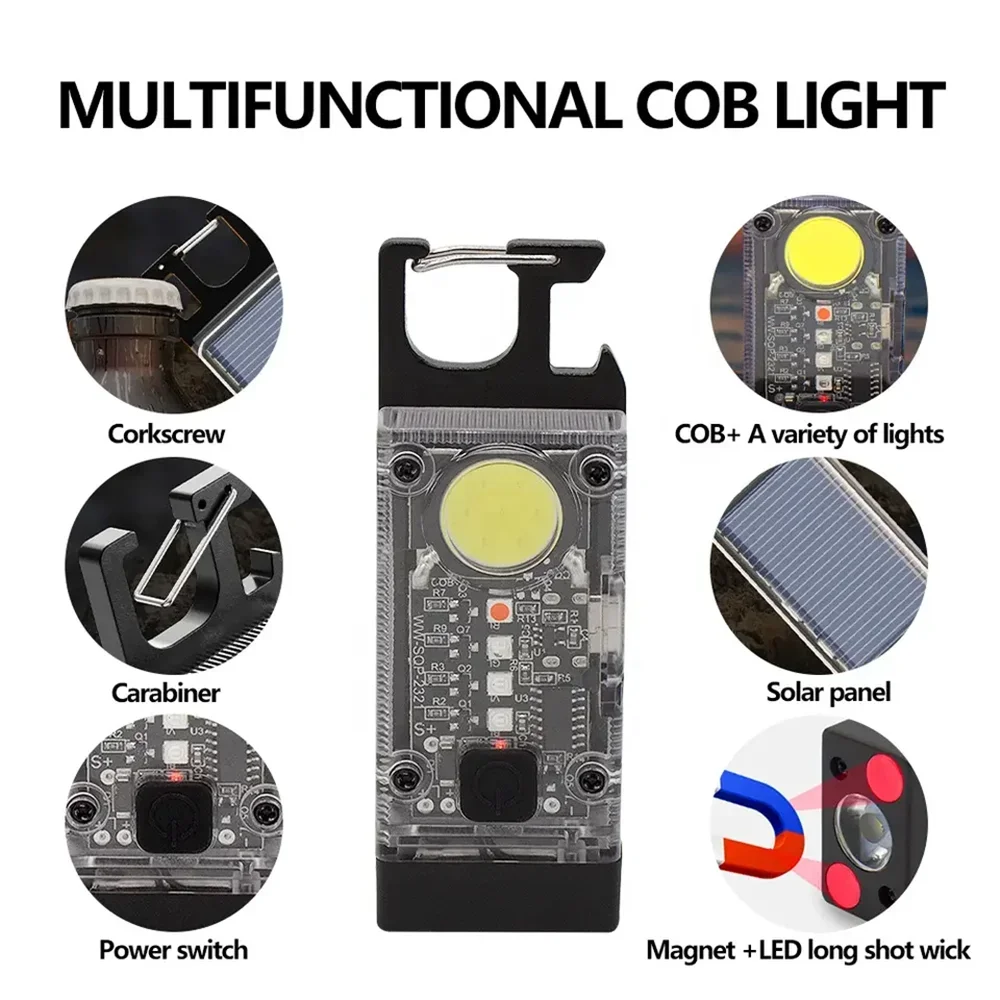 Powerful LED Flashlight With Magnet COB Work Light Mini Portable Keychain Torch Solar Panel USB Rechargeable Camping Lantern