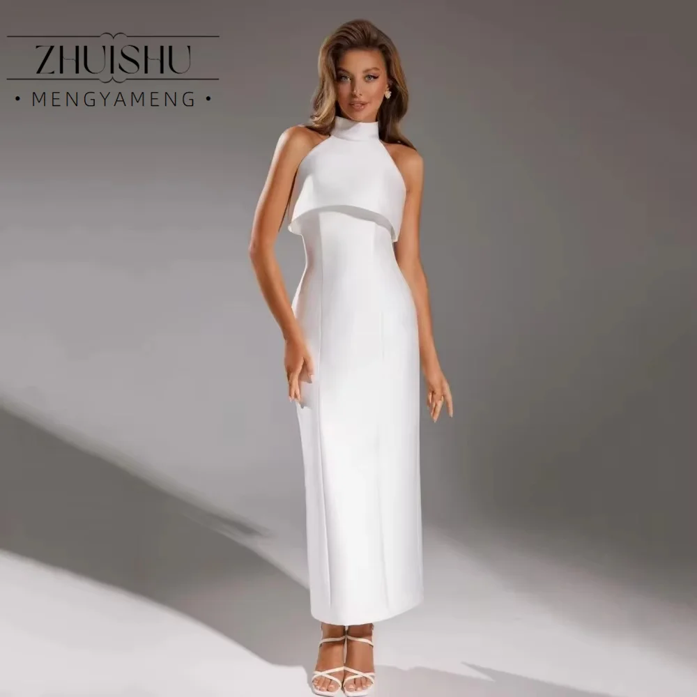 Customized Ivory Satin Ankle-Length Straight Bridal Party Gown Detachable Cape Top High Neck Strapless Evening Dress