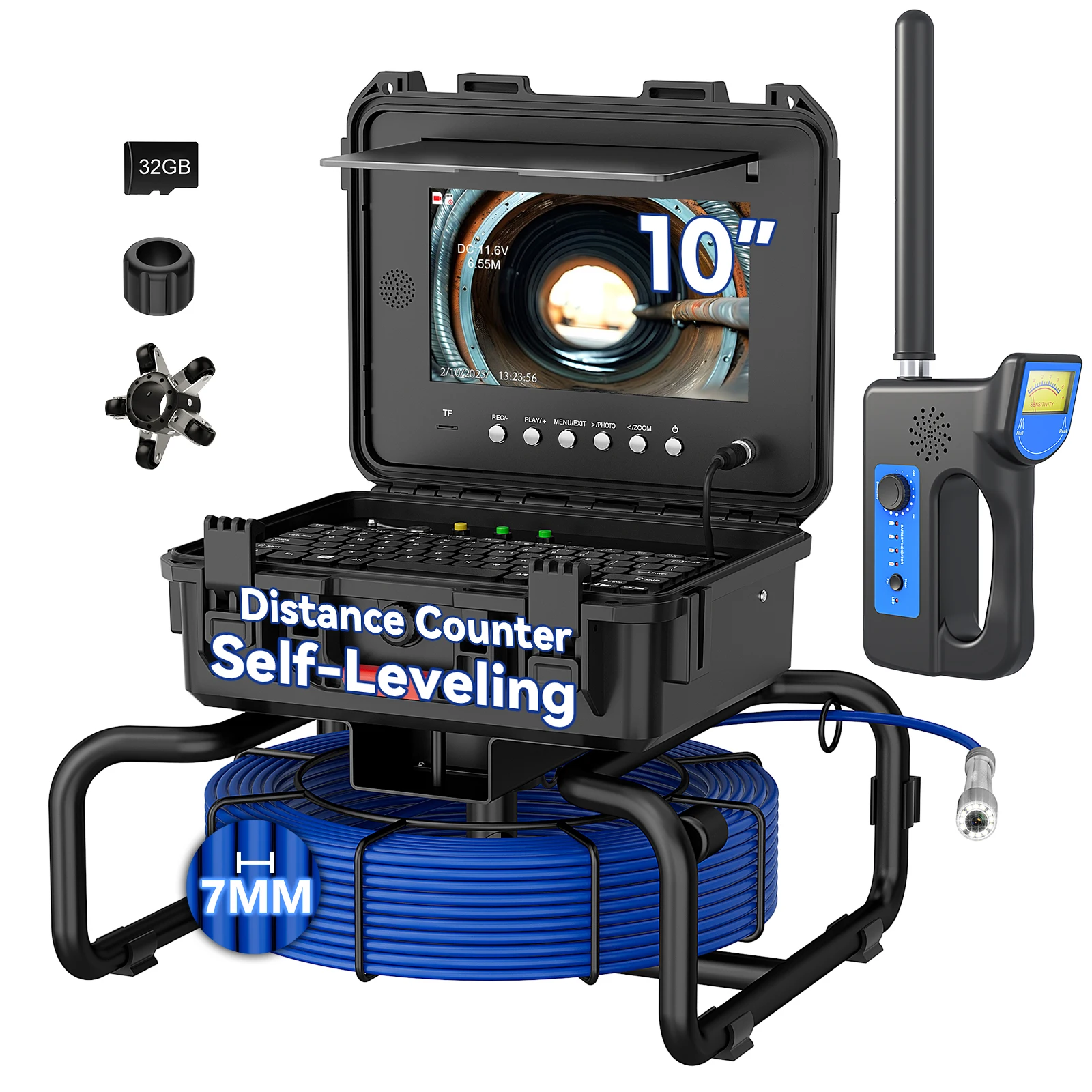 

10″ Sewer Pipe Inspection Camera With Locator Meter Counter DVR 1080P 512hz Self-Leveling Video Borescope 4500mah Battery