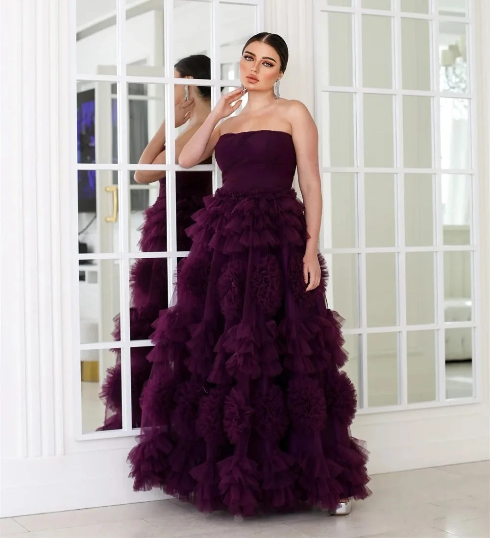 パープルフリルロングオーダーメイドオケージョンガウンイブニングドレスパストロールユニセックスジャージレトロドバイサウジアラビアイスラエルプロムカスタマイズ