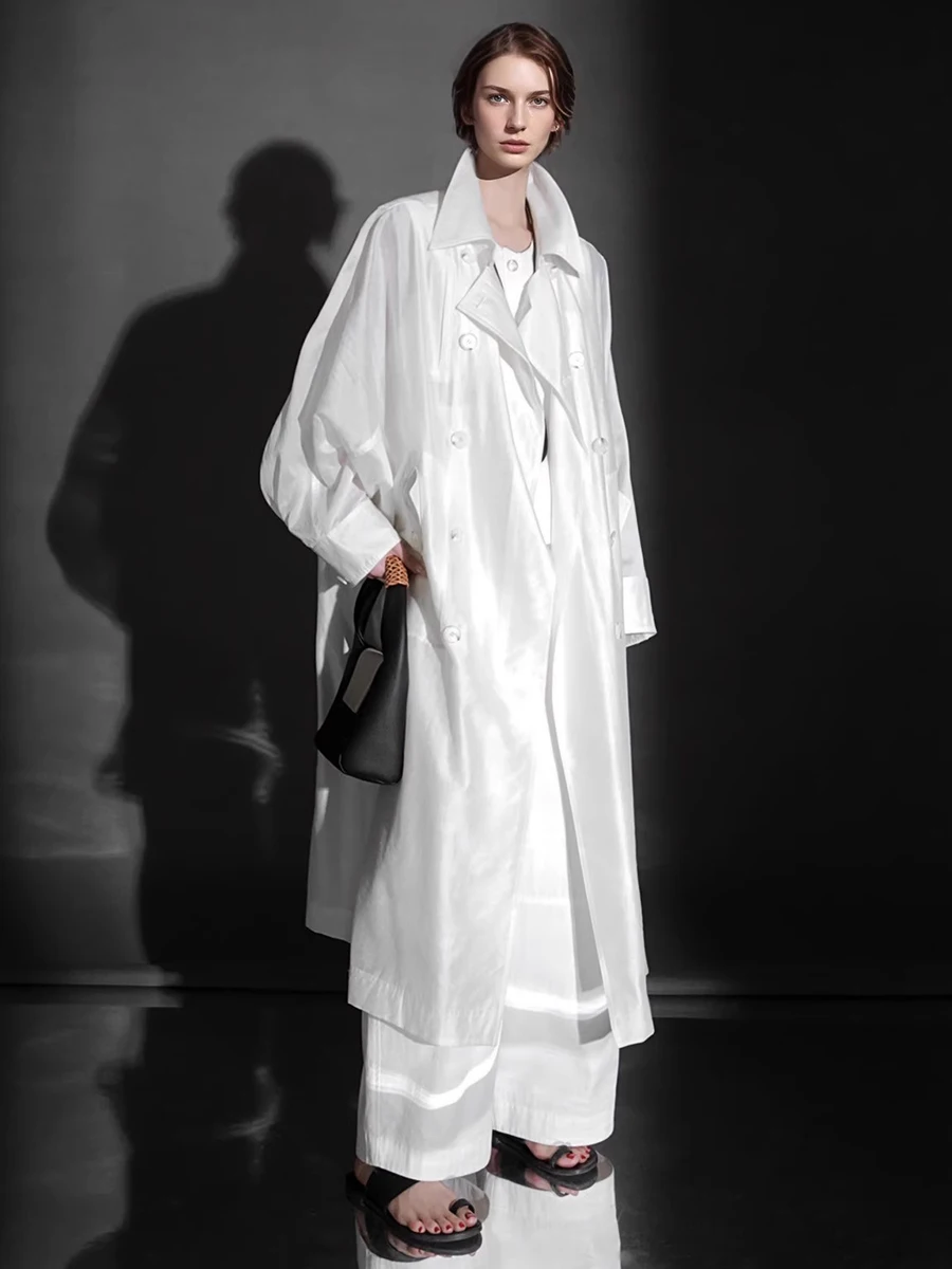 

Lautaro Spring Autumn Oversized Long Flowy Soft Thin Shiny White Trench Coat for Women Loose Casual Korean Clothes Overcoat 2025