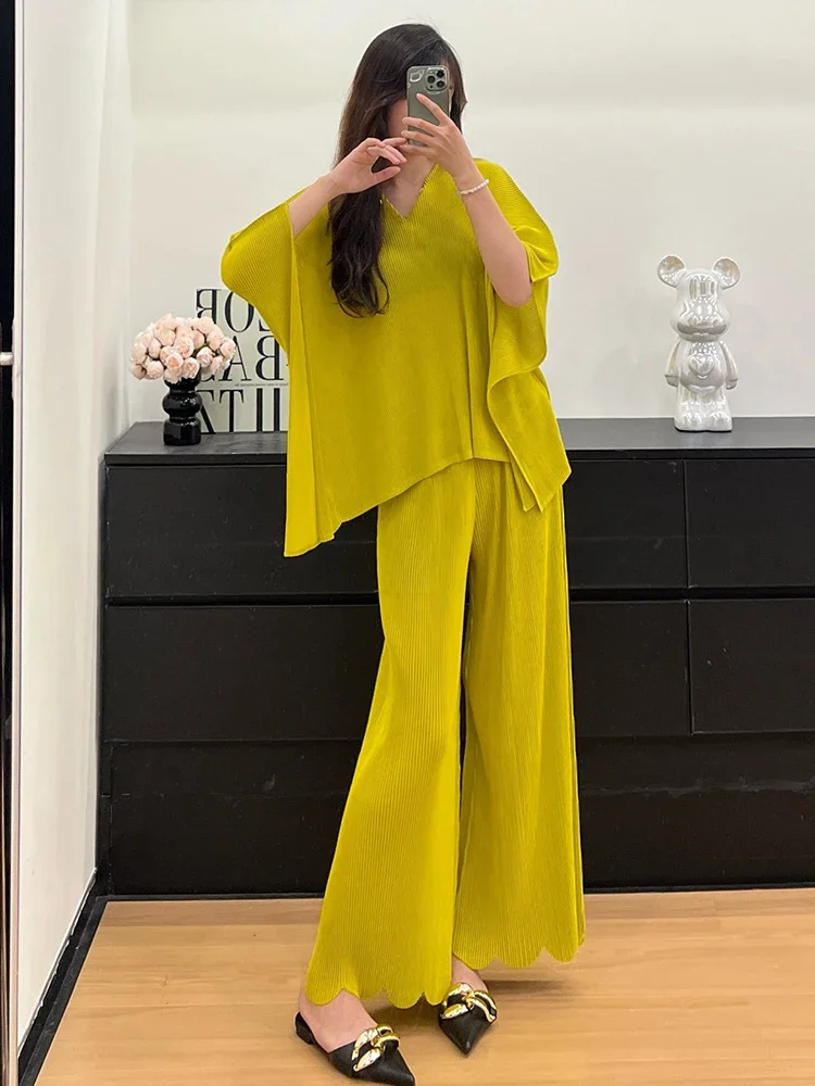 

Bat Sleeve Design Loose Pleated Women 2-piece Set Autumn 2025 New Casual Irregular Design Pullover Wide Leg Elastic Pants
