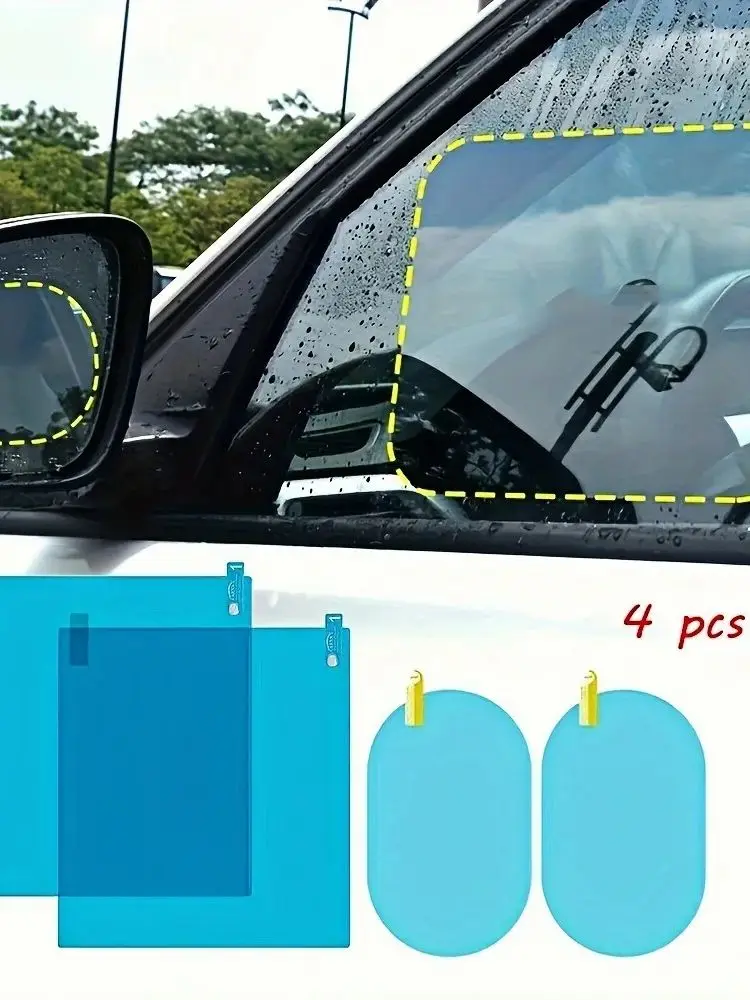 4Pcs Car Rearview Protective Side Windows Sticker, Anti Fog Glare Rainproof Waterproof Mirror Film Clear Nano Coatin