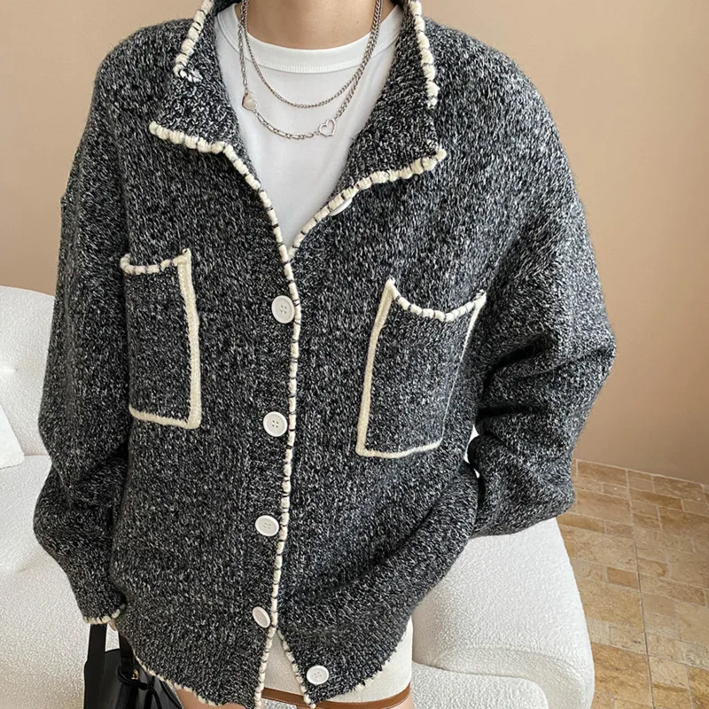 HKSH Spring Autumn New Women Sweater Single Breasted Pockets Color Block Casual Knitted Cardigan Elegant Trendy Ins Coat HK13604