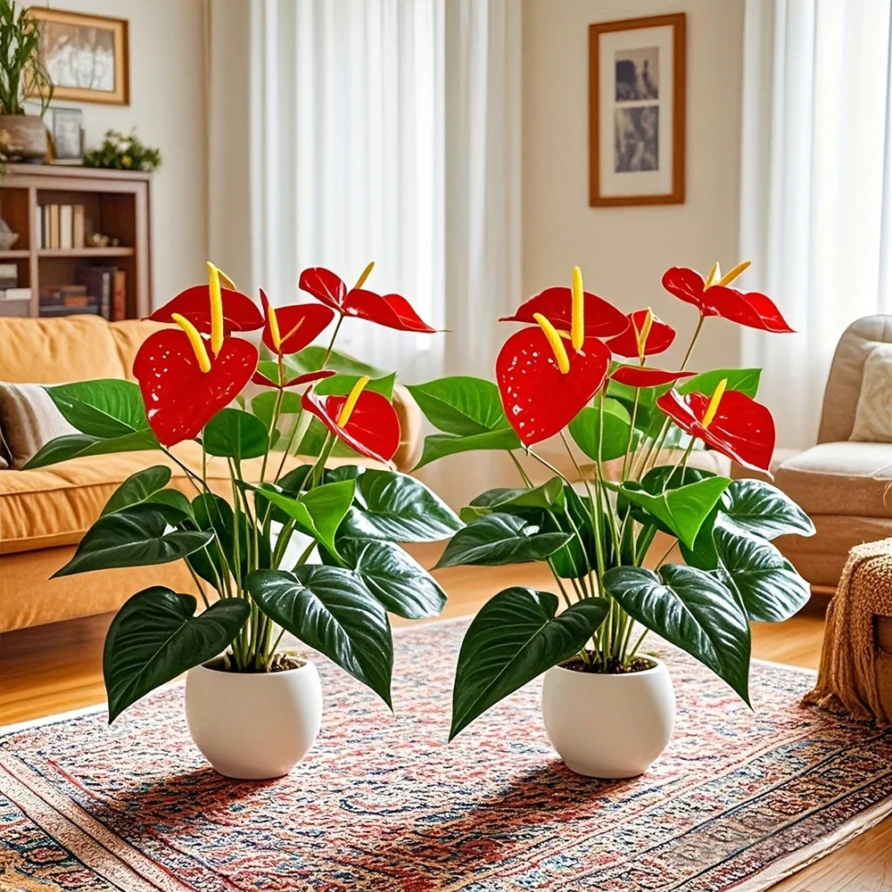 12-köpfige rote Palmen-Kunstblumen, Flamingo-Blume mit üppigen grünen Blättern, künstliche Pflanzen für Zimmer, Haus, Garten, Außendekoration – Detail 3