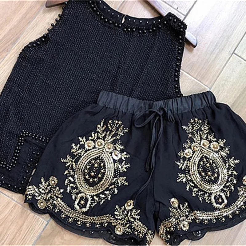 Sidaimi coreano vacanza estate donna manuale in rilievo perla nappa Chiffon paillettes ricamo sciolto moda pantaloncini due pezzi Set