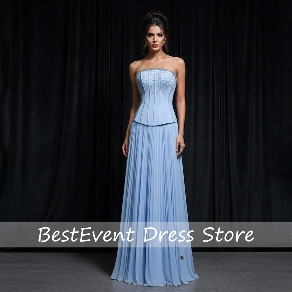 Blue Prom Dresses Strapless Lace Up Back Gala Dresses Beading On Chest A Line Evening Party Gown Customized