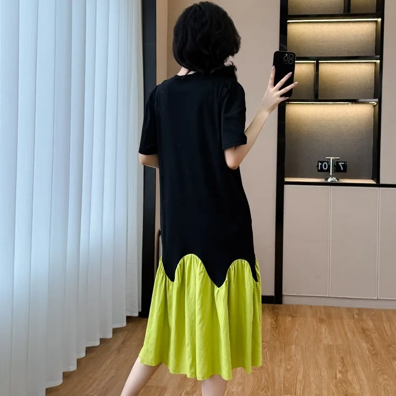 2025 여름 캐주얼 드레스 한국 캐주얼 배색 스티칭 드레스 여성 루즈 슬리밍 여성 티셔츠 피쉬테일 드레스