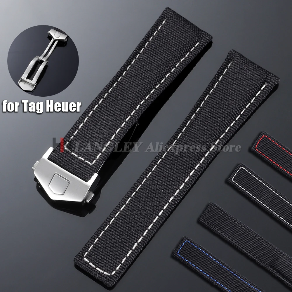 Sailcloth Nylon Watch Strap 20mm 22mm for Tag Heuer Carrera Monaco Leather Watchband Folding Buckle Men Women Business Wristband
