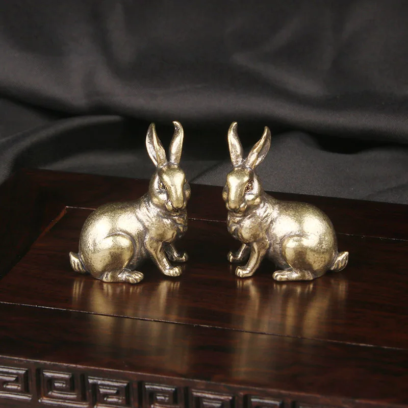 Vintage Brass Bunny Desktop Ornament With Twelve Zodiac Animals Bunny Tea Pet Couple Crafts Bronze Ware