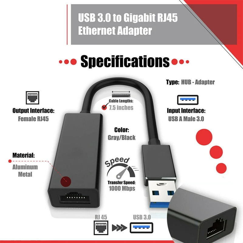 Adaptador de red USB 3.0 Gigabit Ethernet LAN RJ45 1000Mbps para Windows PC Mac