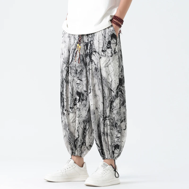 

Свободные брюки-фонарики из ледяного шелка, мужские летние повседневные брюки с принтом девять очков, молодежная мода, прямые брюки для бега в стиле Харадзюку