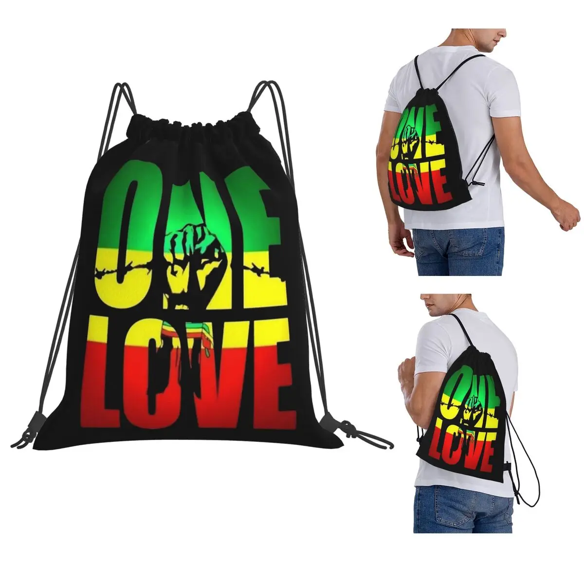 Harajuku Vintage Style Arts Bob Marley One Love Backpacks Portable Drawstring Bundle Pocket Sports Bag Book Bags for Man Woman