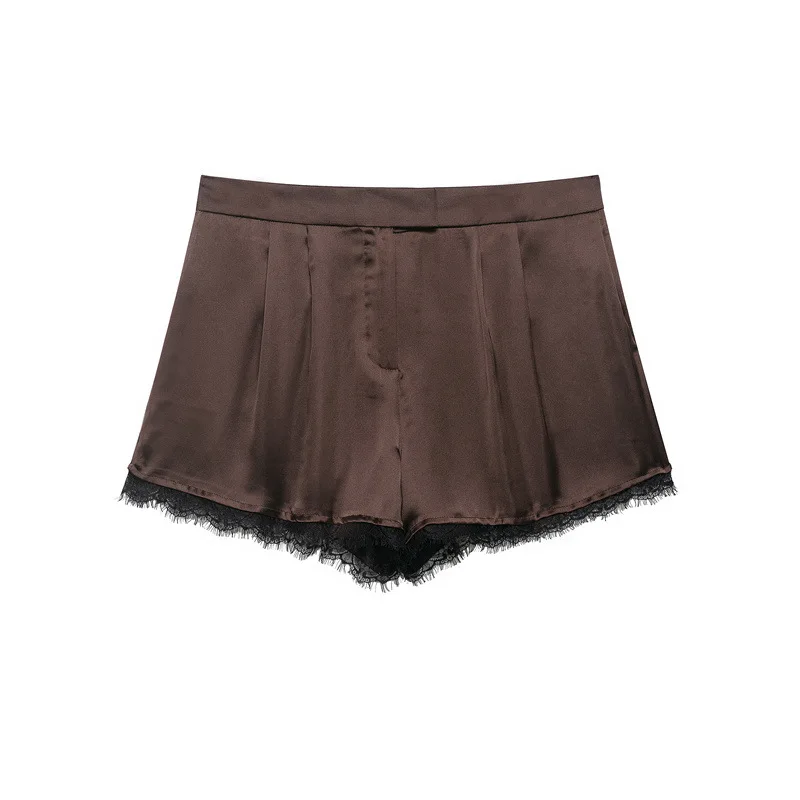 Spring New Fashion Spliced Lace Satin Casual Shorts