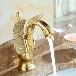 Basin Faucets New Design Swan Faucet Gold Plated Wash Basin Faucet Hotel Luxury Copper Gold Mixer Taps hot and cold Taps