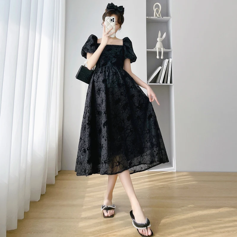 2024 Summer Pregnant Woman Party Dress Puff Sleeve Square Collar Maternity Elegant Dress Pregnancy Princess Dress Black Floral