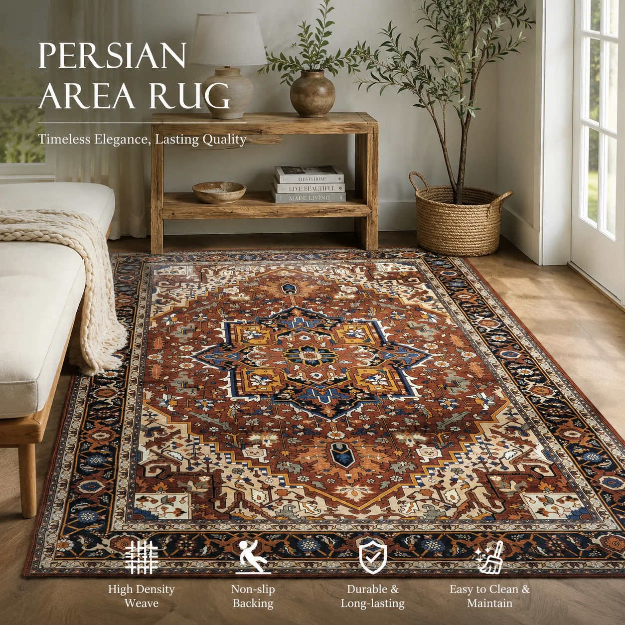 Vintage Persian Rug for Living Room Bedroom Area Rugs Non-slip Washable Coffee Table Carpet Dirt-resistant Hotel Homestay Decor