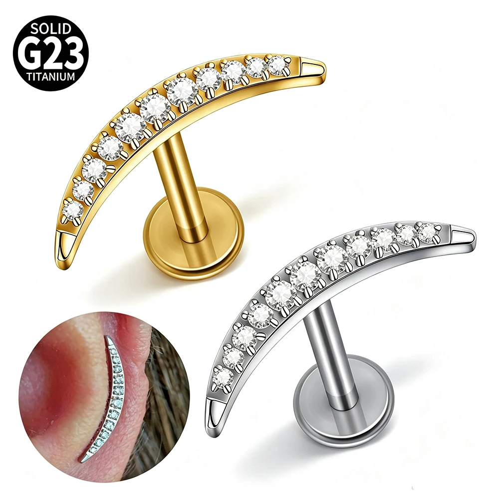 16G ASTM F136 G23 Titanium Curved Crescent Sparkly Zircon Internal‑Thread Cartilage Stud Tragus Helix Conch Labret Lip Piercing