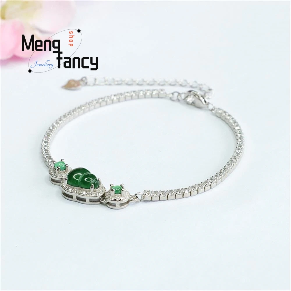S925 Silver Lnlaid Natural Jadeite Ice Type Imperial Green Gourd String Bracelet Exquisite Elegant High-grade Fashion Jewelry