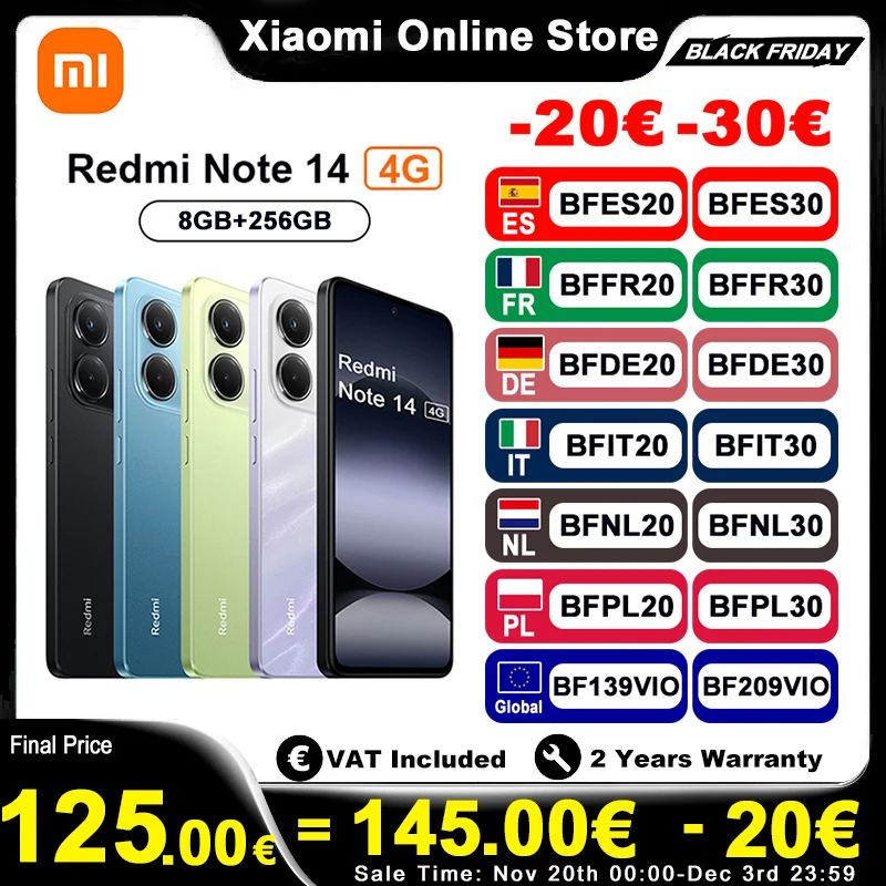 Version britannique Xiaomi Redmi Note 14 4G Smartphone Helio G99-Ultra 6.67 ''AMOLED affichage 120Hz108MP AI camra 5500mAh batterie NFC