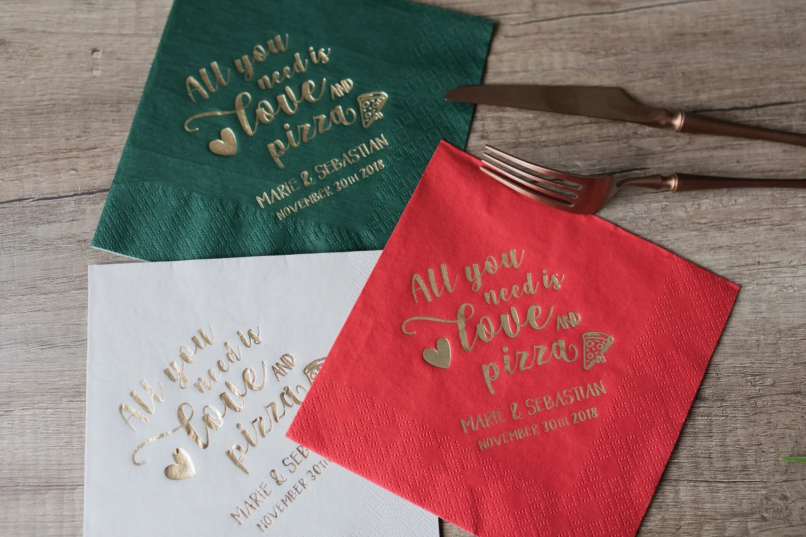 custom napkins, all you need is love and pizza, Personalized Napkins, Event Favors, Party Napkins, Rehearsal Dinner, Bridal Show